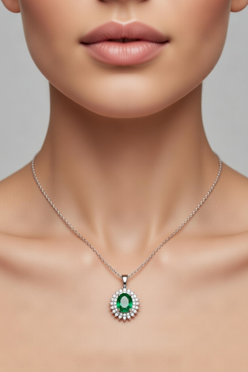 Oval Emerald Halo Pendant Necklace